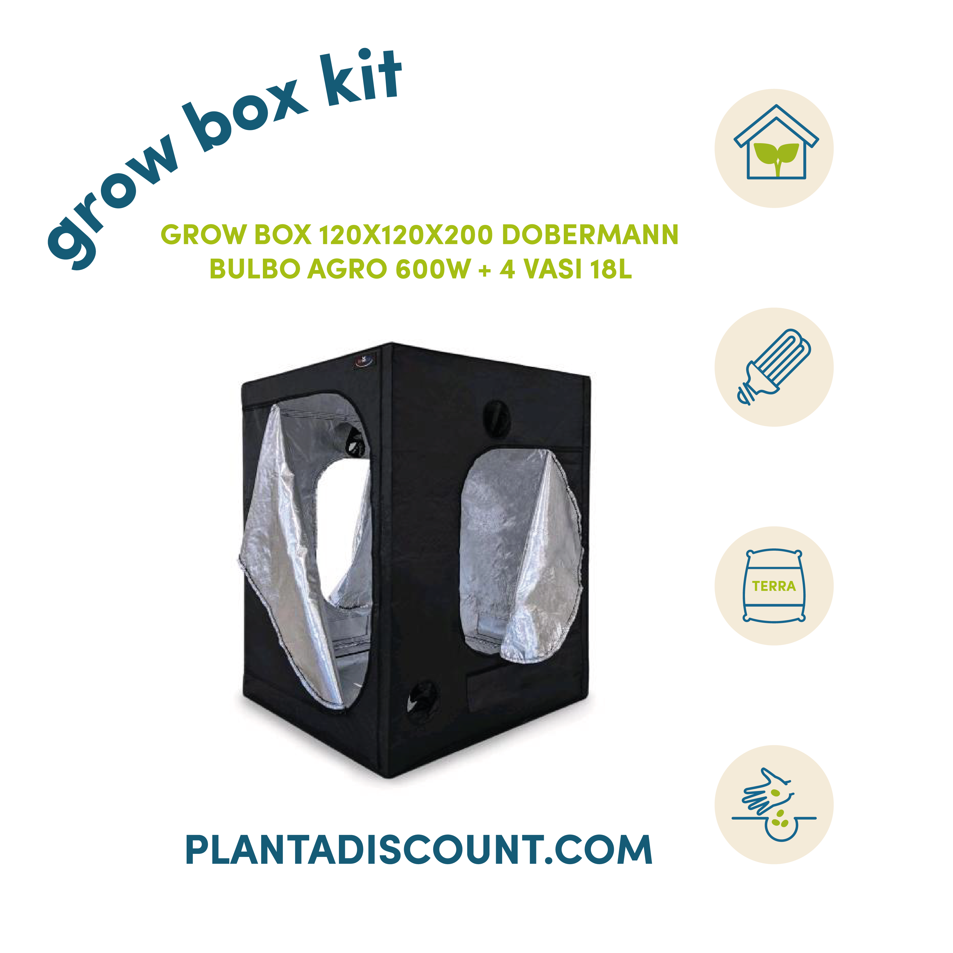 Grow Box Kit HPS 600W kit coltivazione indoor 120×120×200 cm