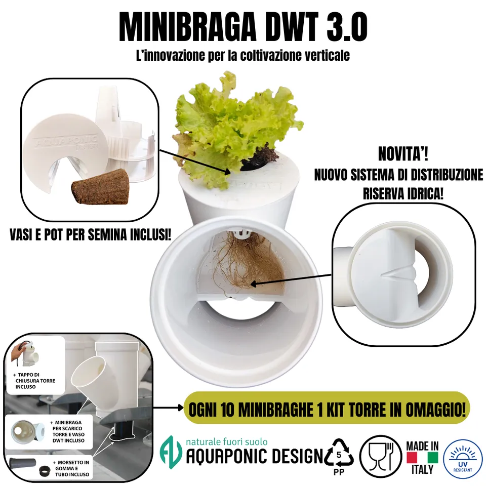 Aquaponic Design Minibraga DWT 3.0 modulo torre idroponica bianco PP