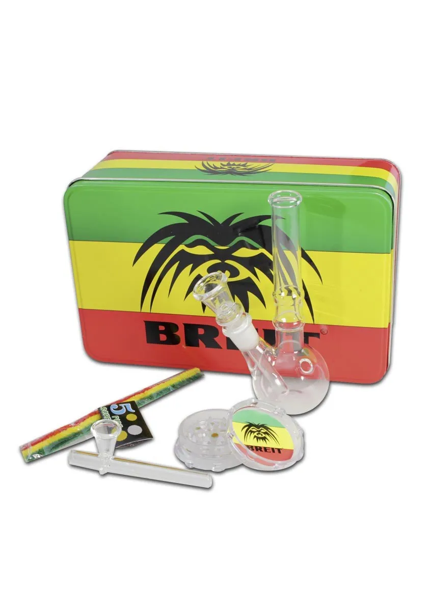 BREIT Parafernalia Mini Bong Set with Grinder + Shotgun Pipe kit Rasta